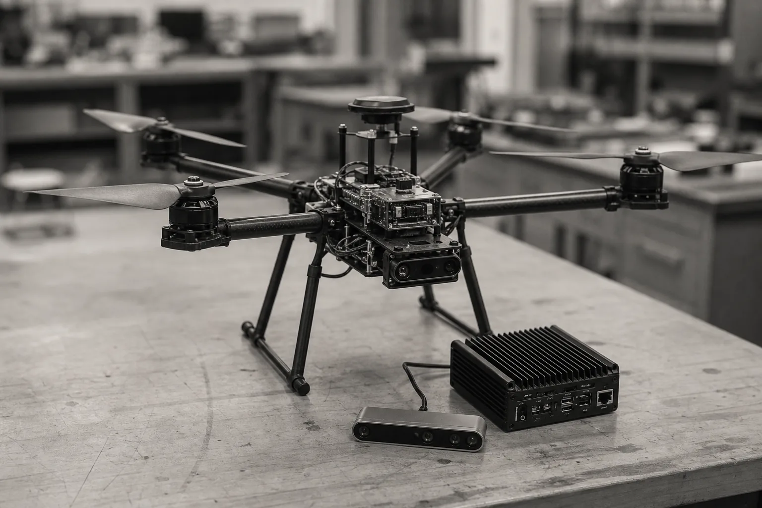 Quadcopter prototype with companion computer and depth camera on a lab bench