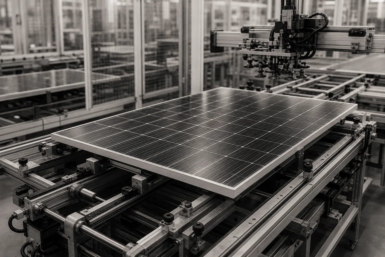 Photovoltaic module moving through a precision manufacturing line
